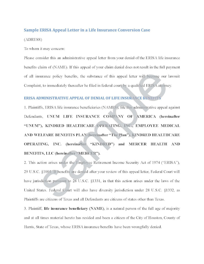 Sample Appeal Letter for ERISA Life Insurance Claim Denial After