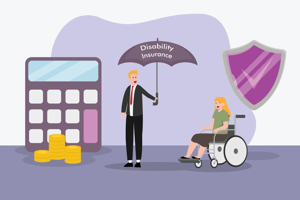 Vector concept illustration of partial disability insurance: A businessman offering disability insurance coverage, represented by an umbrella, to a disabled woman.