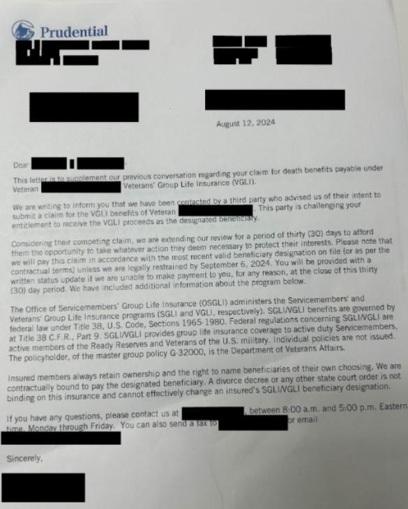 Example VGLI Beneficiary Dispute Letter
